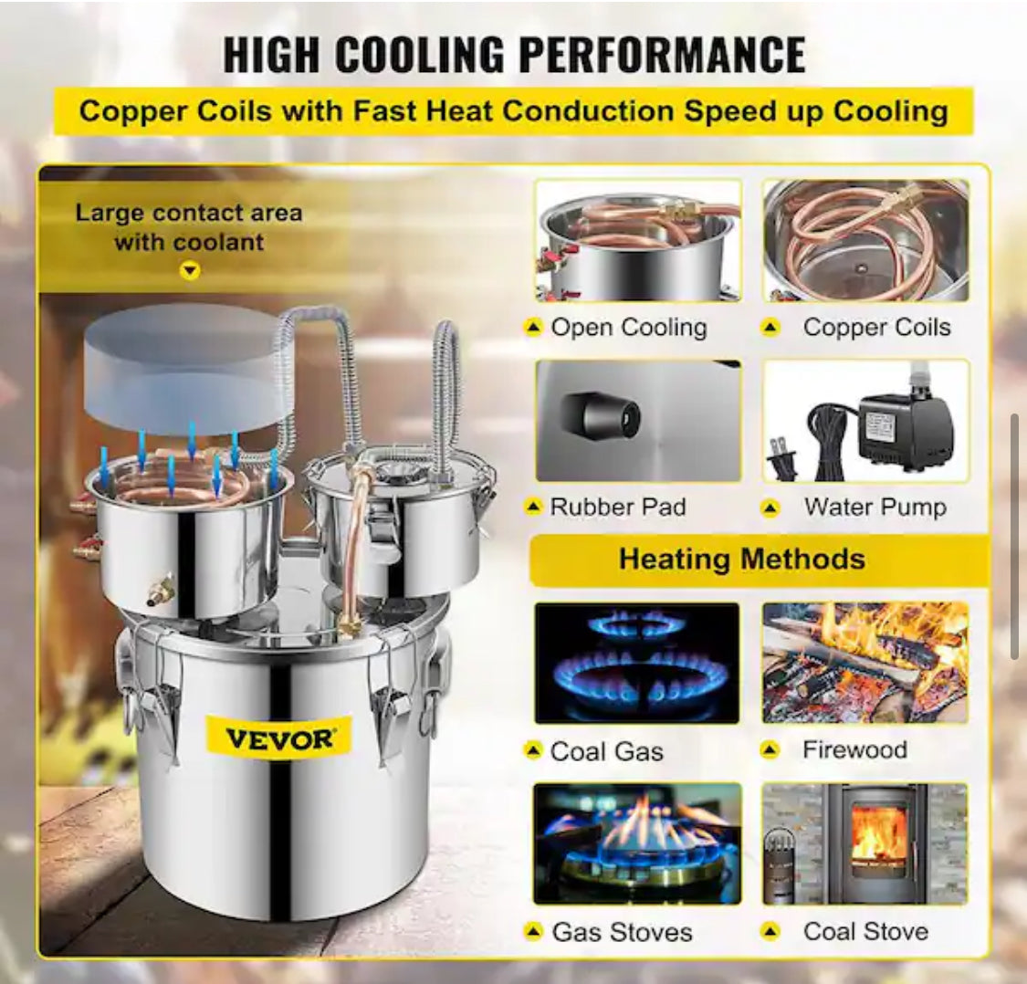 Alcohol Still 3 Gal. Stainless Steel Alcohol Distiller Home Brewing Kit with Copper Tube & Water Pump for DIY Whiskey