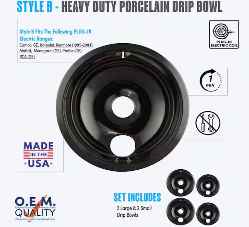 6 in. 2-Small and 8 in. 2-Large Drip Bowl in Black Porcelain (4-Pack)