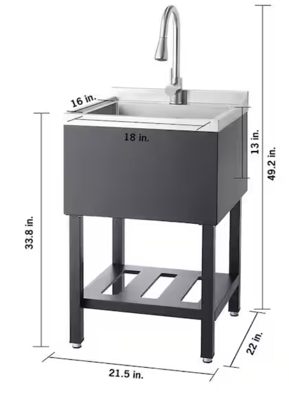 18 in. W x16 in. D Basin Freestanding Laundry/Utility Sink in Stainless Steel and Black with Pull-Out Faucet + Sink Grid