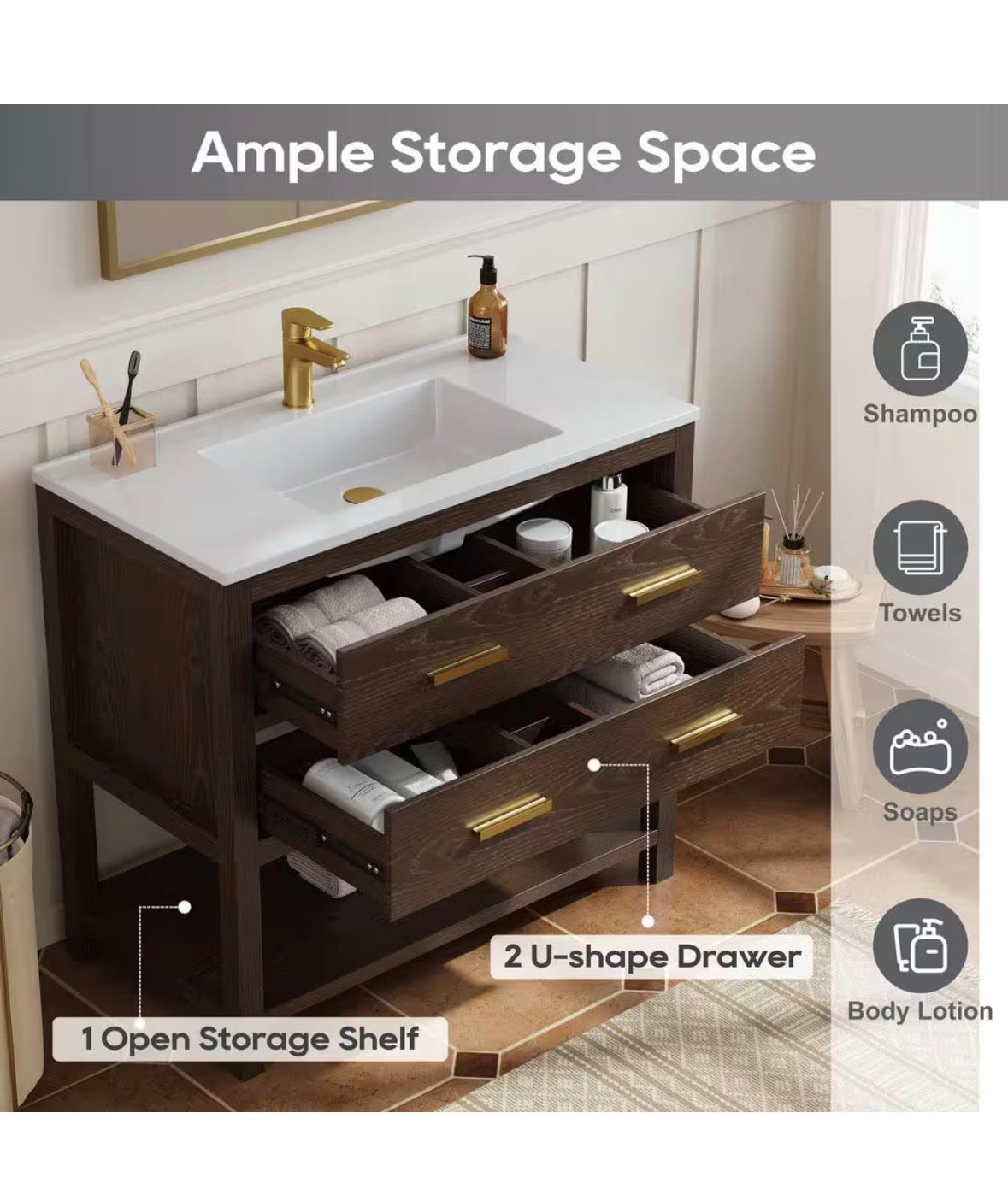 Magen 37 in. Single Sink Bath Vanity in Walnut with White Engineered Solid Surface Top and 2 Drawers (Unassembled)
