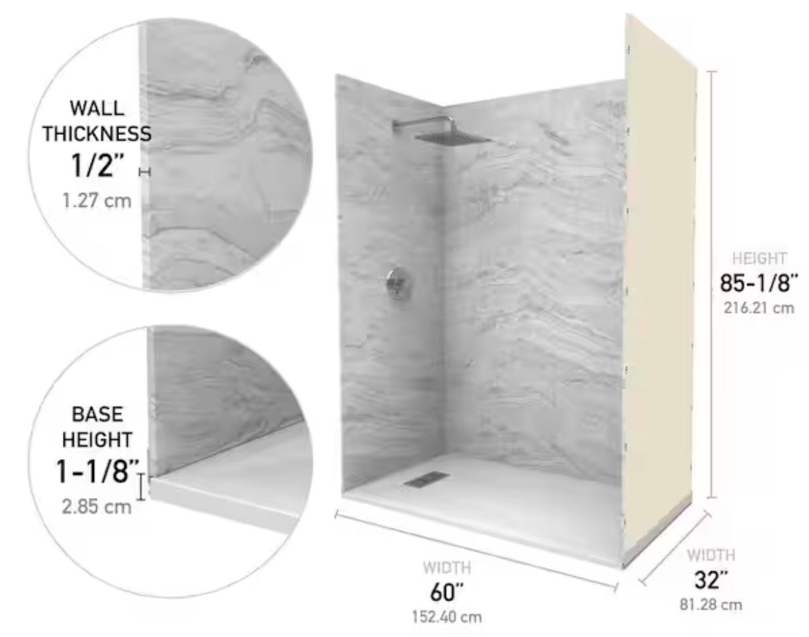 SierraLight 32in. x60in. x 84in. Solid Composite Stone Alcove Shower Combo Kit Matching Matte Black Door,Niche and Drain