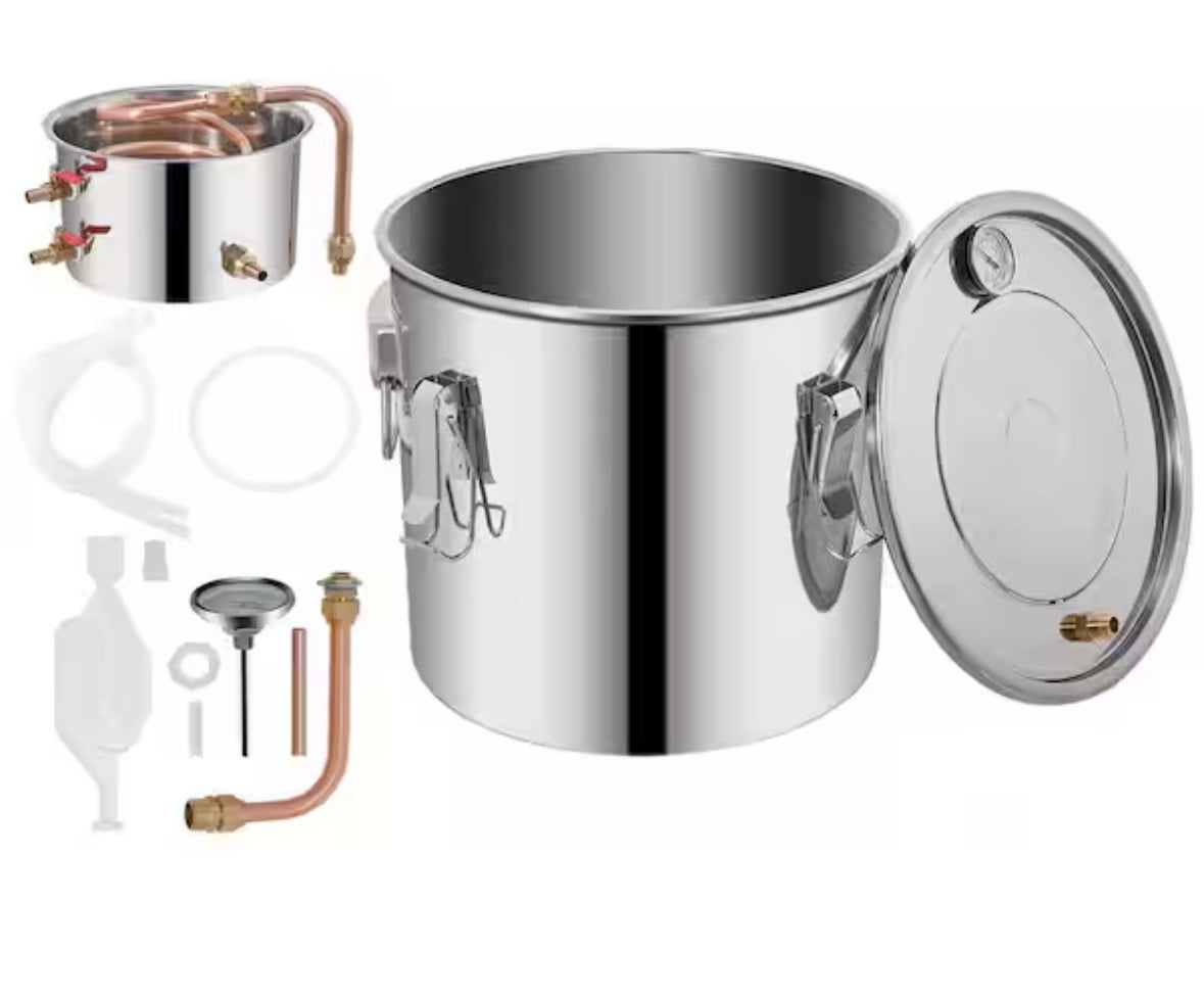 3Gal./12L Stainless Steel Alcohol Still w/ Copper Tube and Thermometer for Home Brewing Whisky,Wine and Brandy in Silver
