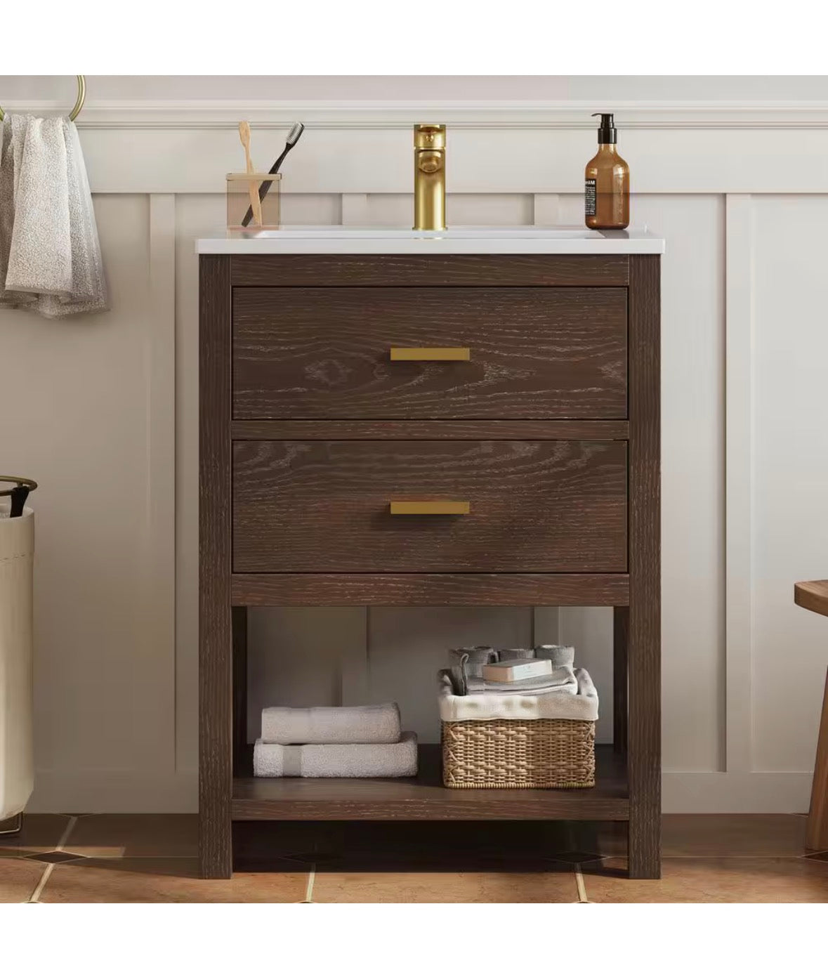 Magen 25 in. Single Sink Bath Vanity in Walnut with White Engineered Solid Surface Top and 2 Drawers (Unassembled)