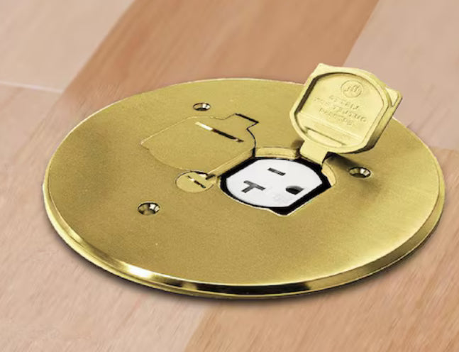 Low-Profile Round Floor Box Outlet Cover with 15A TR Duplex Receptacle and 2 Lift Lids, Brass