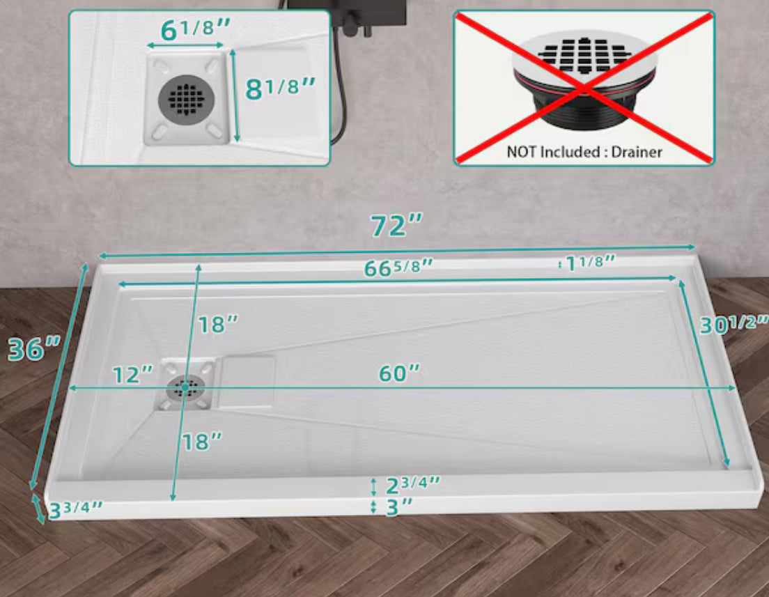 72 in. x 36 in. Single Threshold Alcove Shower Pan Base with Left Drain Hole and Magnetic Cover Shower Tray in White