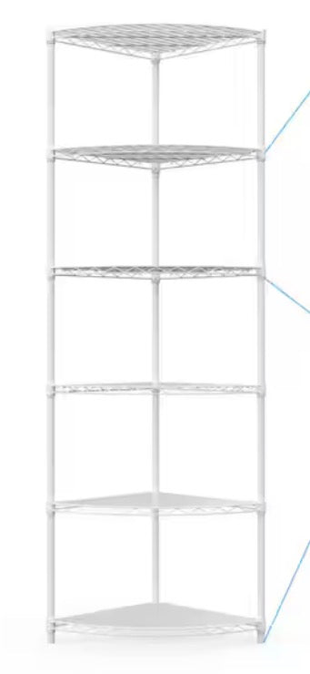 6 -Tier White Adjustable Metal 18 in. L x 18 in. W x 72 in. H Heavy Duty Free Standing Corner Storage Shelf for Kitchen