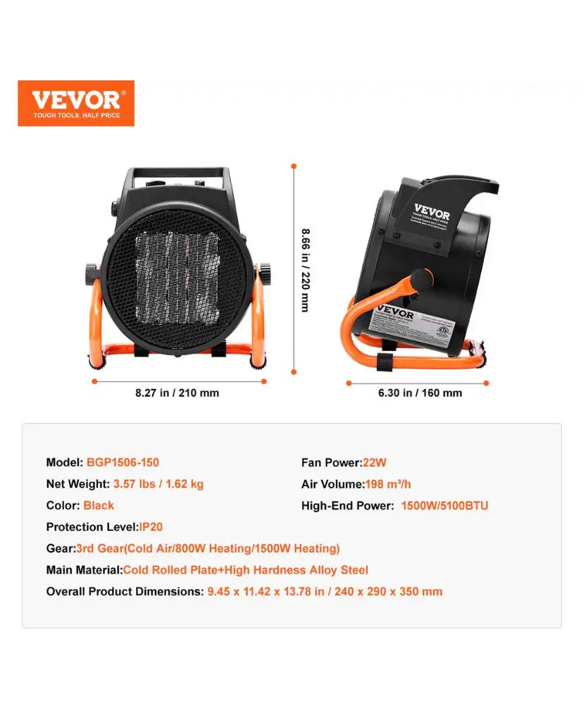 Greenhouse Heater 1500 Watt PTC Fast Heating with Overheat Protection 3-Speed Setting Tent Heater Portable Heater Fan