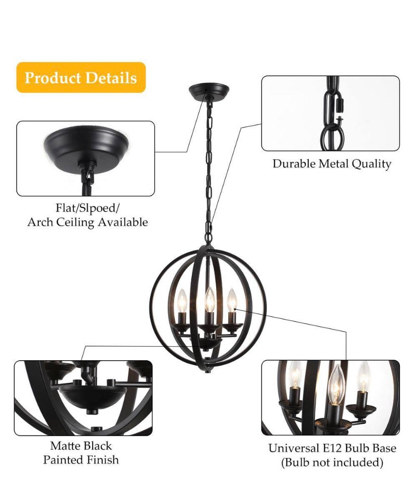 3-Light Black Farmhouse Globe Chandelier for Kitchen Island with no bulbs included