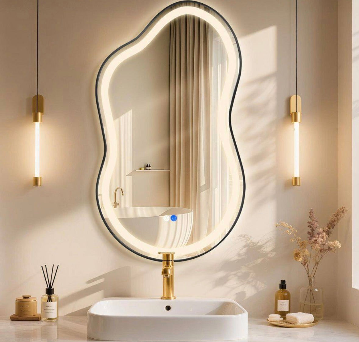 26 in. W x 46 in. H Asymmetrical Black Framed LED Light Anti-Fog 3-Colors Dimmable Irregular Wall Mirror