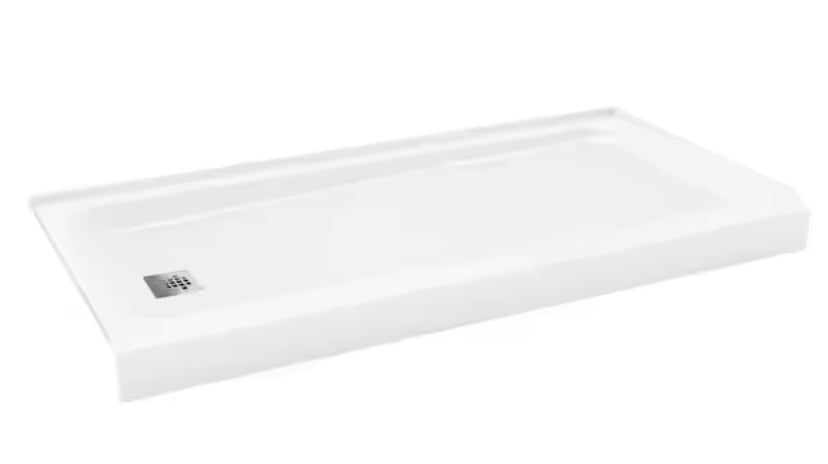 ShowerCast 60 in. x 30 in. Single Threshold Shower Pan in White with Modern Square Chrome Shower Drain Cover Left Drain