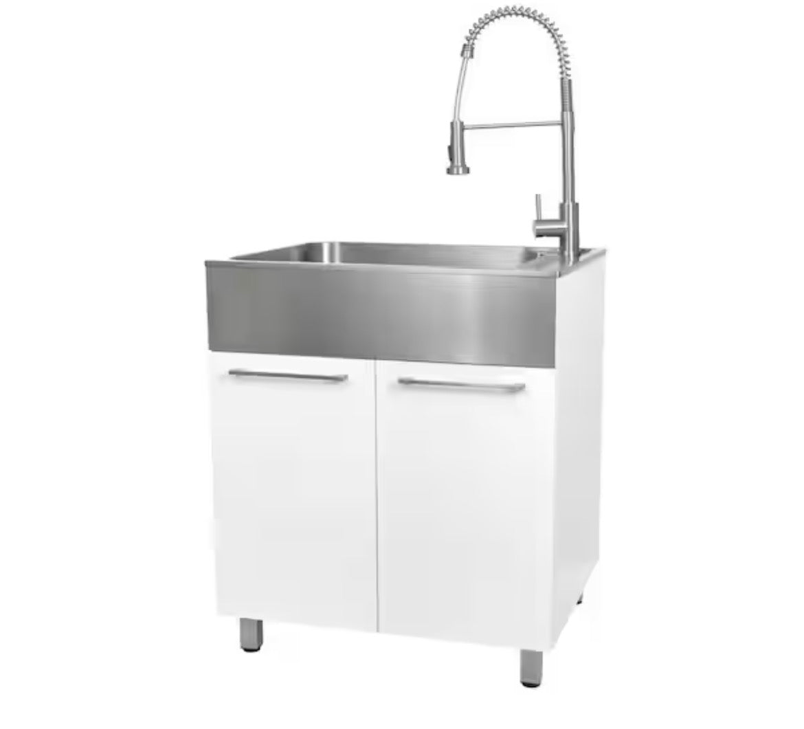 All-in-One 28 in. x 22 in. x 33.8 in. Stainless Steel Drop-In Sink and Cabinet with Faucet in White