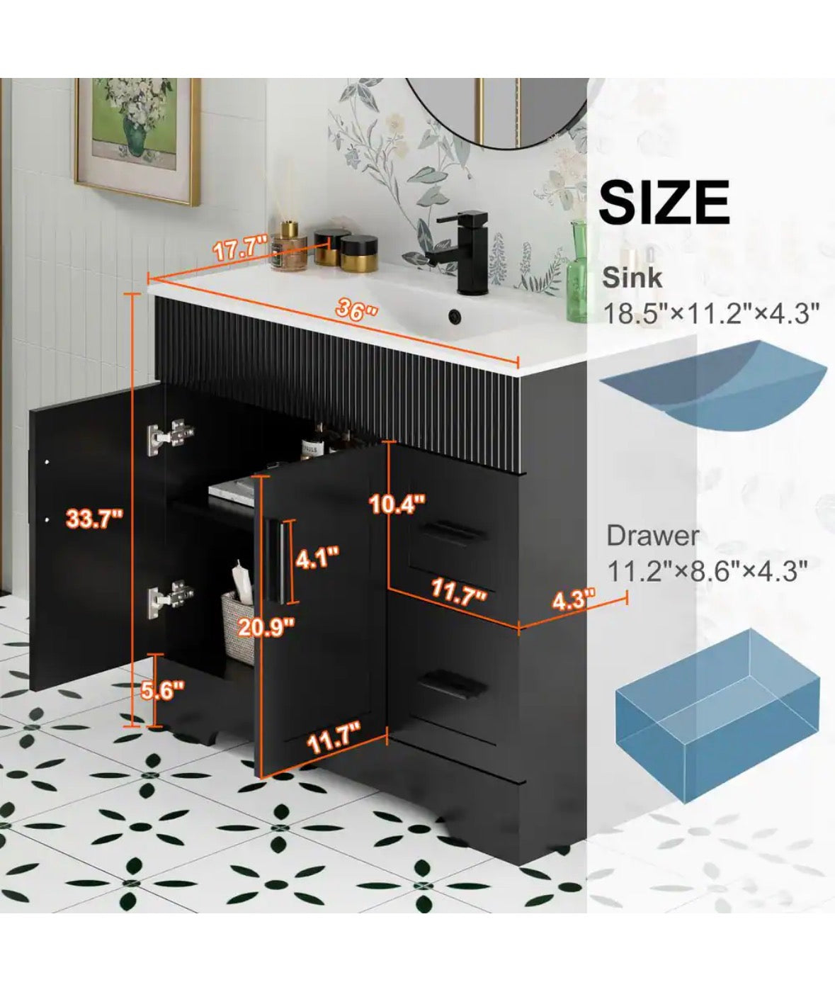 36 in. W. x 18 in. D x 34 in. H Single Sink Freestanding Black Bath Vanity with White Integrated Composite Resin Top