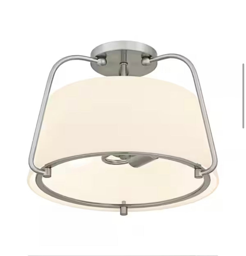 Corbin 15 in. 2-Light Brushed Nickel Transitional Semi-Flush Mount with White Opal Glass Shade