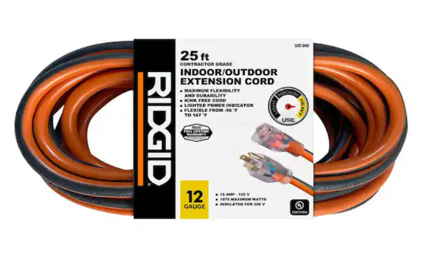 25 ft. 12/3 Heavy Duty Indoor/Outdoor Extension Cord with Lighted End, Orange/Grey