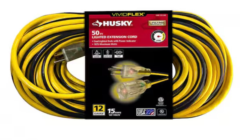 VividFlex 50 ft. 12 / 3 Heavy Duty Indoor/Outdoor Extension Cord with Lighted End, Yellow