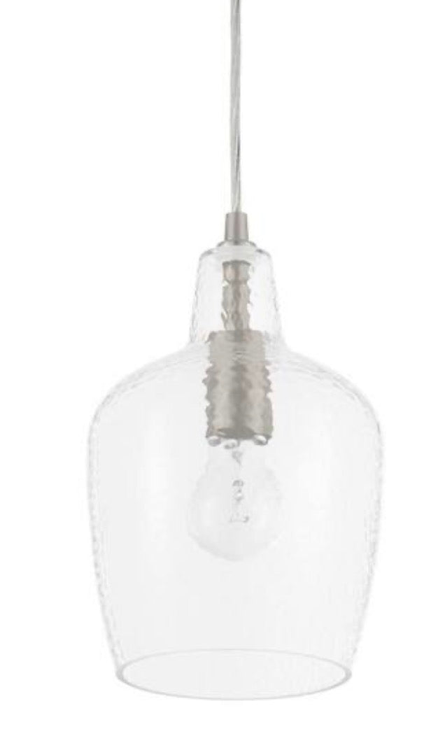 Gillian 1-Light Brushed Nickel Cone Mini Pendant with Clear Hammered Glass, Pendant Light for Kitchen