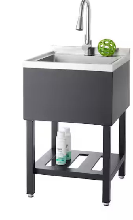 18 in. W x16 in. D Basin Freestanding Laundry/Utility Sink in Stainless Steel and Black with Pull-Out Faucet + Sink Grid