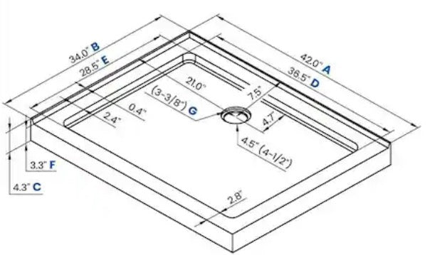 NT-340-424-RH 42 in. x 34 in. Corner Acrylic Shower Pan Base, Glossy White with Right Drain, ABS Drain Included