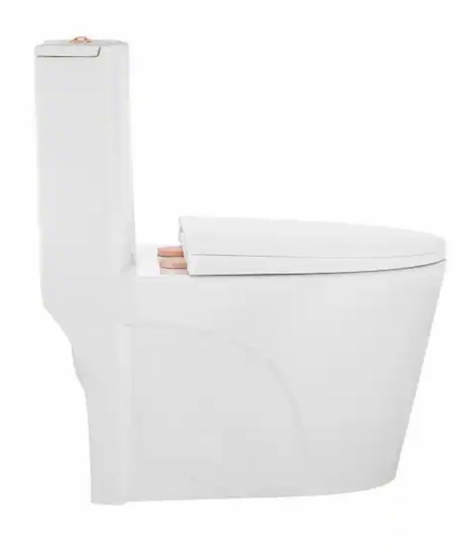 St. Tropez 1-piece 1.1/1.6 GPF Dual Vortex Flush Elongated Toilet in Glossy White with Rose Gold Hardware, Seat Included