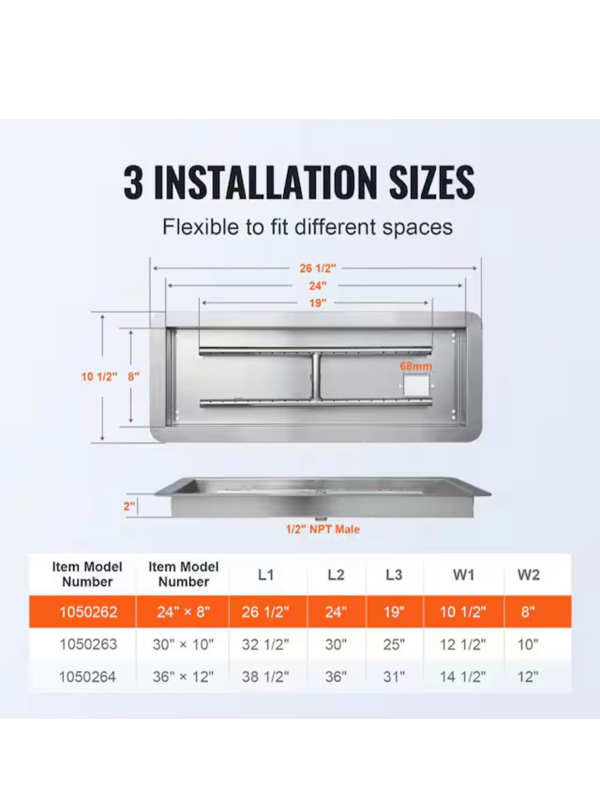 24 x 8 in Drop-in Fire Pit Pan, Rectangular Stainless Steel Fire Pit Burner Kit, Propane Gas Fire Pan 120,000 BTU