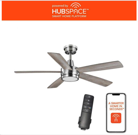 Fanelee 54 in. White Color Changing LED Brushed Nickel Smart Ceiling Fan with Light Kit and Remote Powered by Hubspace