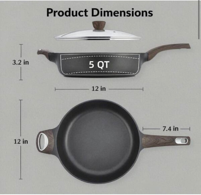 5 qt. Black Aluminum Nonstick Saute Pan with Lid Induction Pan Healthy Non-Toxic Cooking Pan with Helper Handle