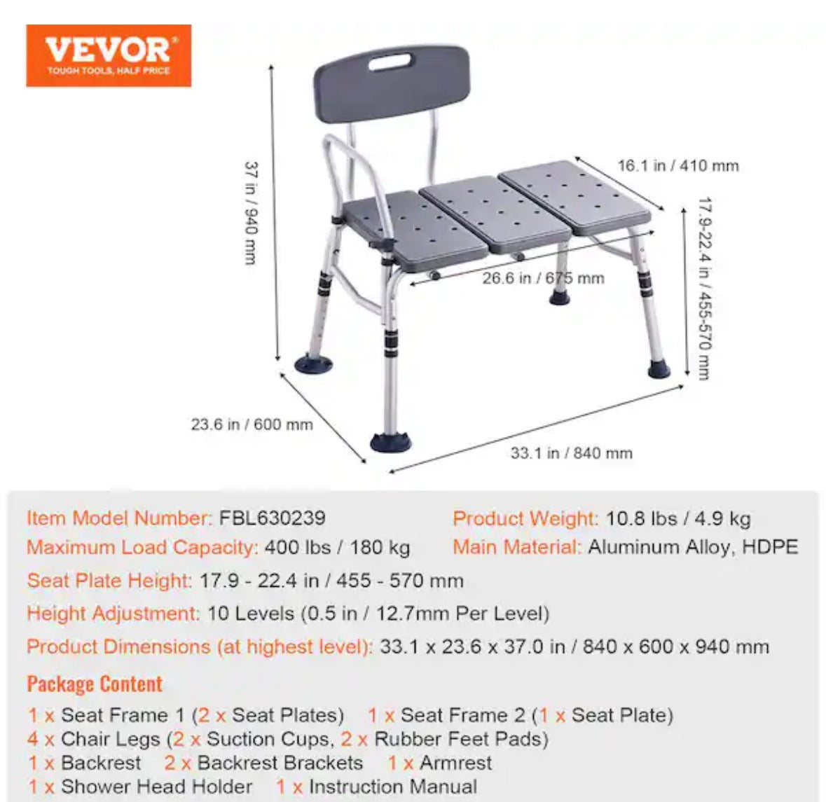 Tub Transfer Bench for Bathtub 16 in. W Freestanding Shower Bench Lightweight Shower Bench in Gray with Armrest