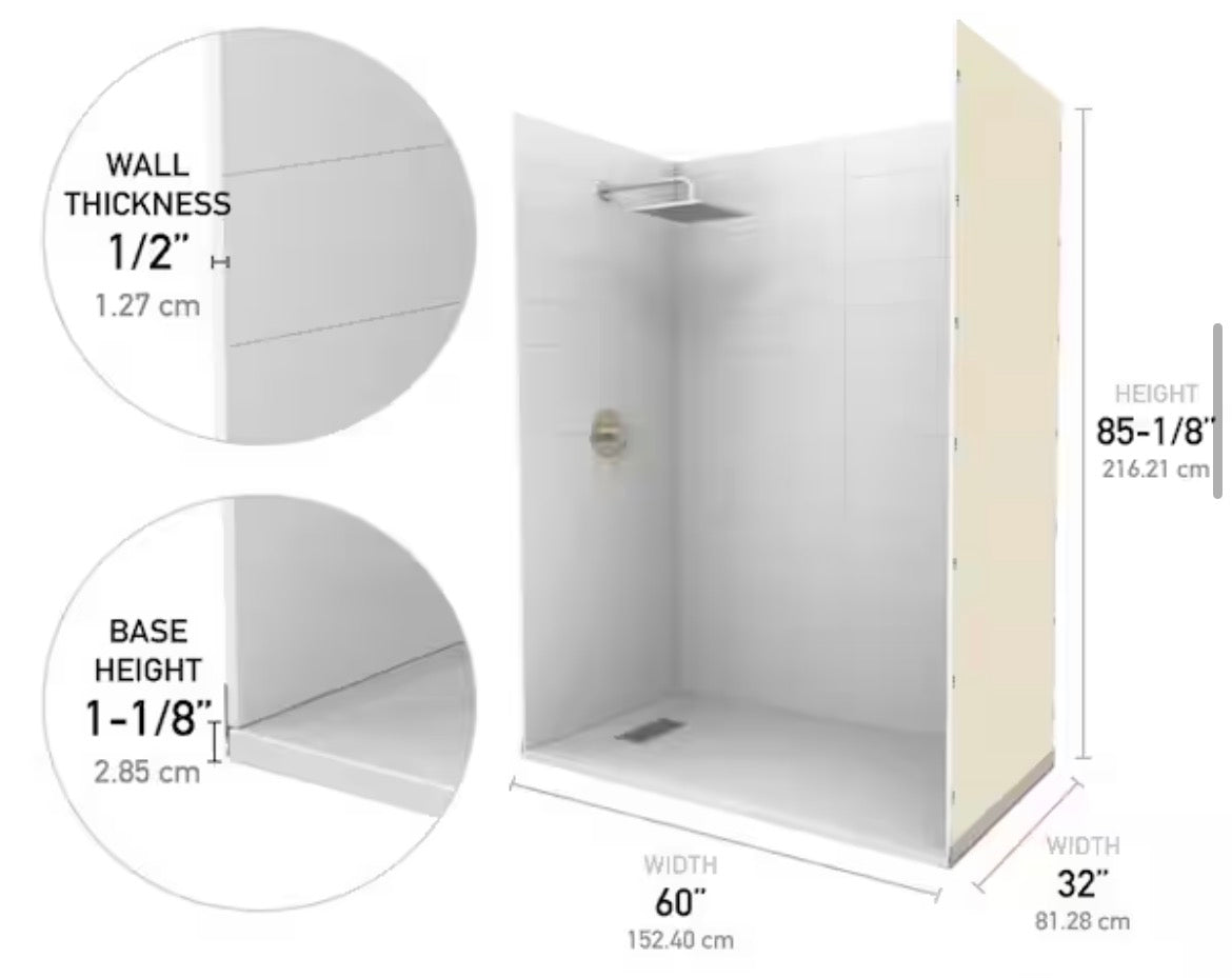 Subway Horizontal 32 in x 60 in x 84 in. Solid Composite Stone Alcove Shower Kit with Walls and White Pan Base L/R Drain