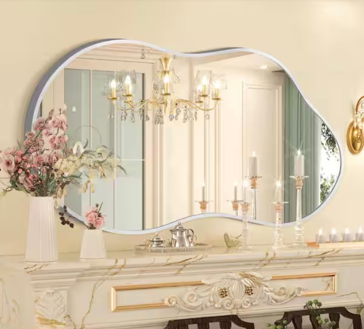 26 in. W x 46 in. H Asymmetrical Silver Aluminum Alloy Framed Wall Mirror Irregular Wall Mirror