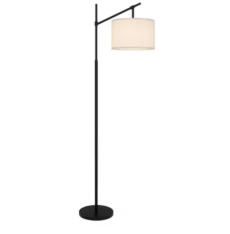 Gideon 69 in. Matte Black 1-Light Standard Floor Lamp with White Fabric Drum Shade and Adjustable Socket