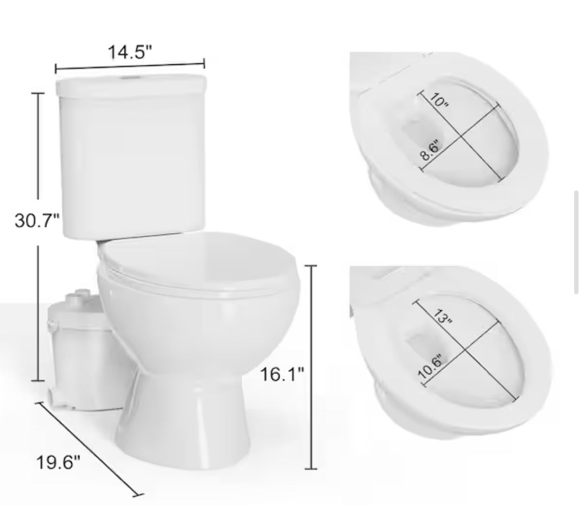 Rear Drain Macerating Toilet 2-Piece 1/1.6 GPF Double Flush Round Toilet with 8 HP Macerating Pump in White