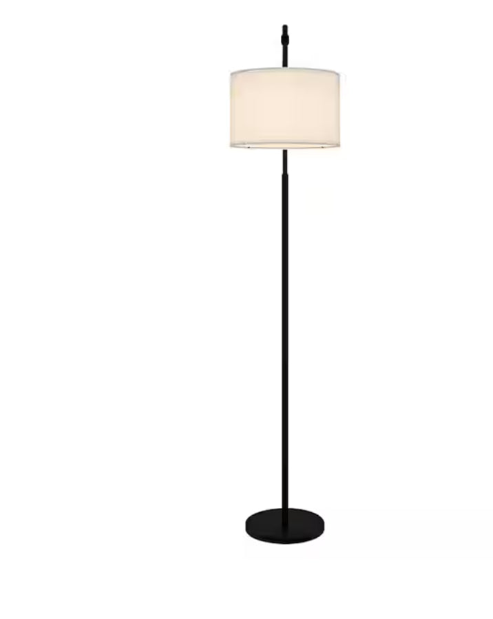 Gideon 69 in. Matte Black 1-Light Standard Floor Lamp with White Fabric Drum Shade and Adjustable Socket