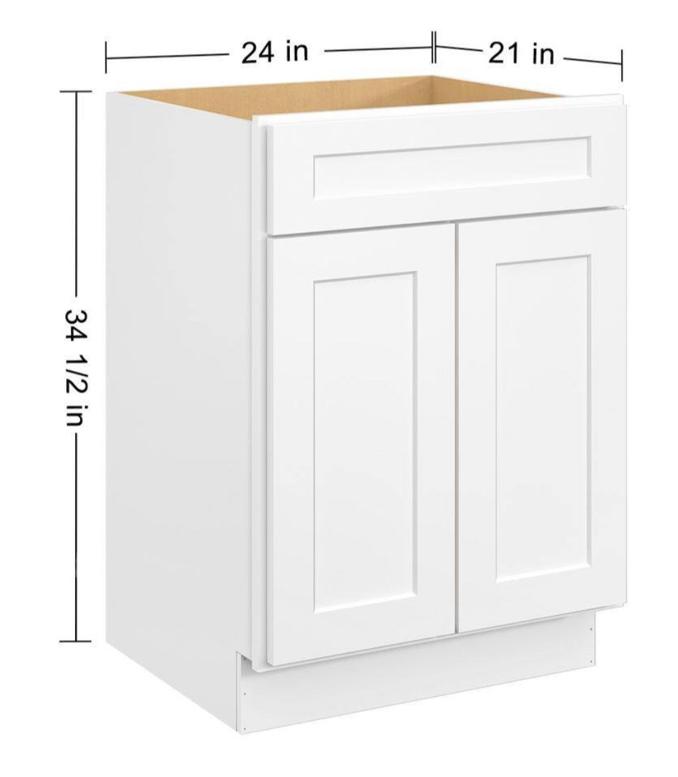 24 in. W x 21 in. D x 34.5 in. H in Shaker White Plywood Ready to Assemble Floor Vanity Sink Base Kitchen Cabinet
