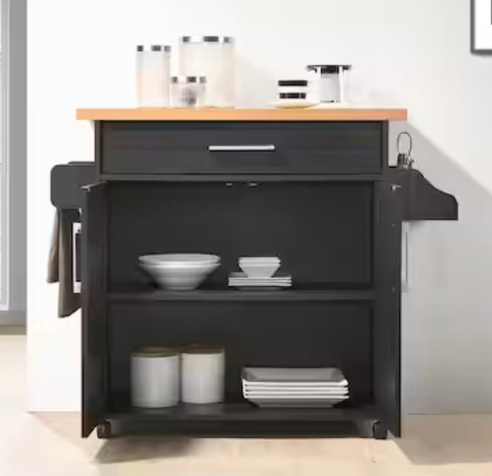Black-Beech Kitchen Island with Spice Rack and Towel Holder