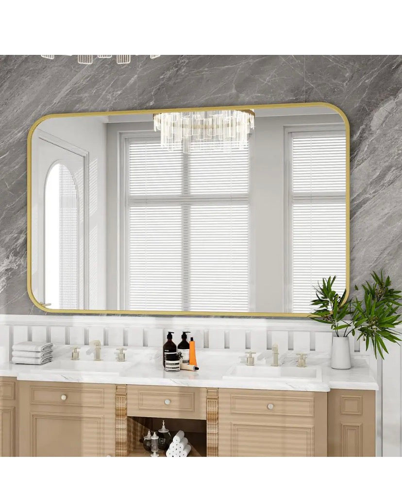 30 in. W x 48 in. H Rectangular Modern Aluminum Alloy Framed Rounded Gold Wall Mirror
