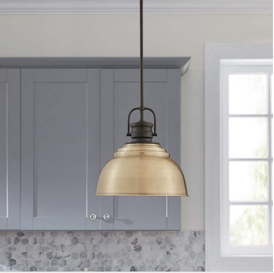 Shelston 13 in. 1-Light Antique Gold and Black Farmhouse Pendant Light Fixture with Metal Shade