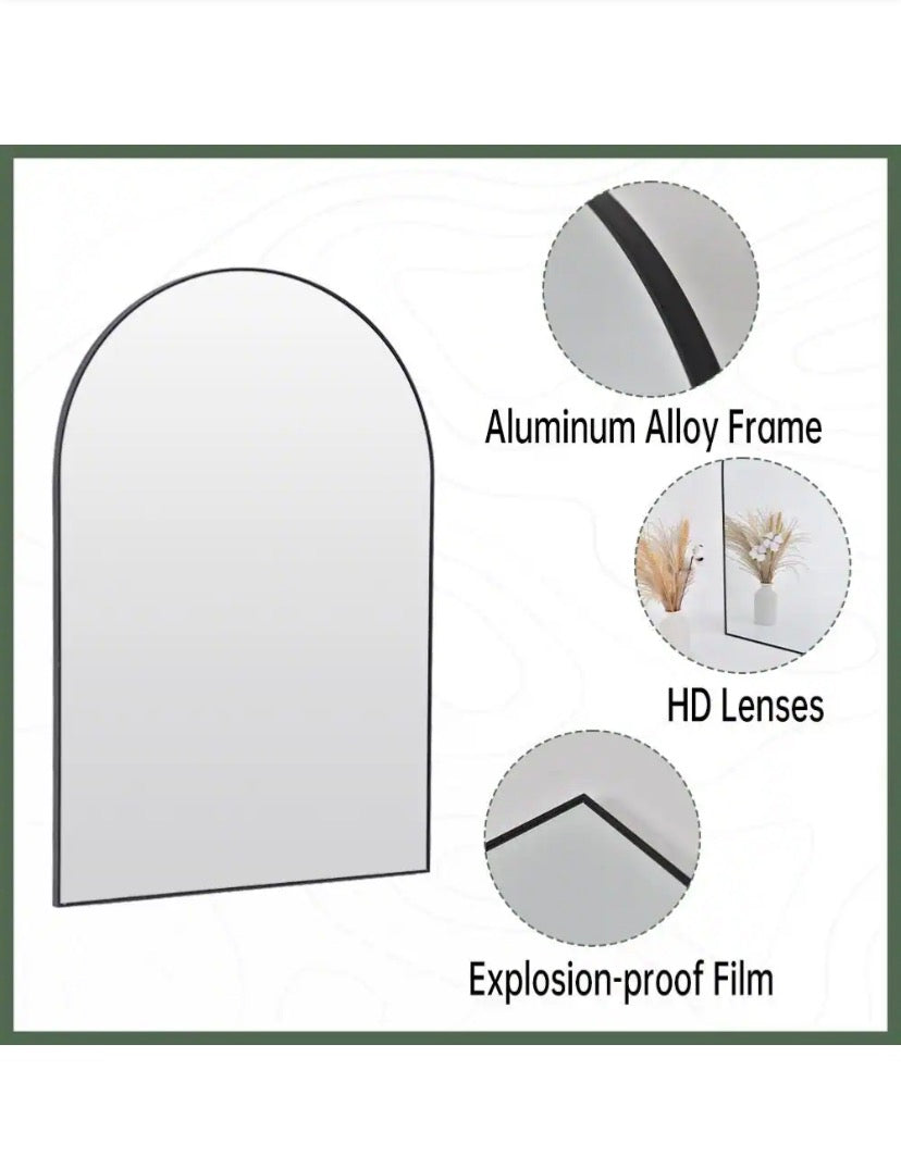 24 in. W x 36 in. H Arched Black Aluminum Alloy Framed Wall Mirror