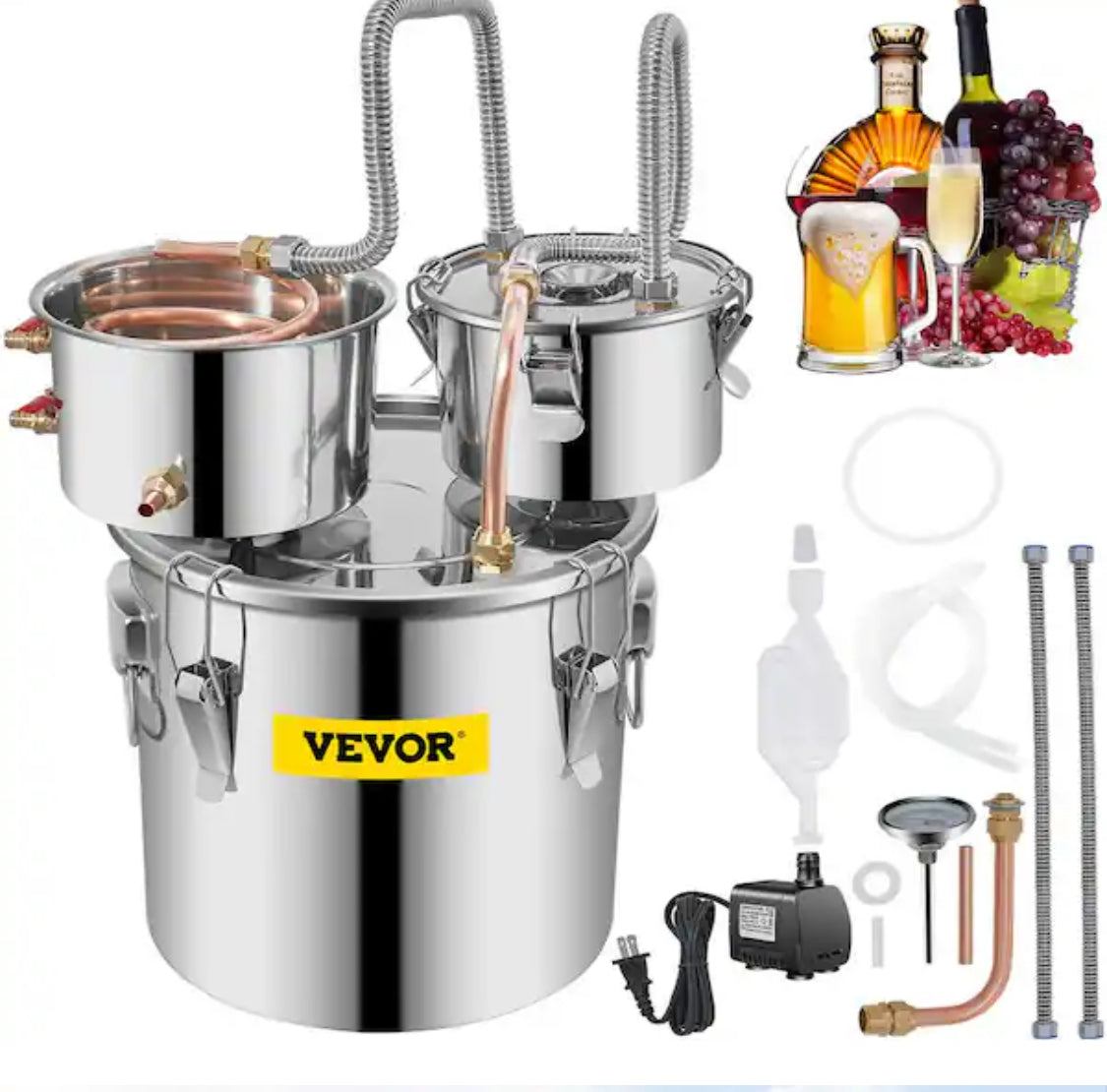 Alcohol Still 3 Gal. Stainless Steel Alcohol Distiller Home Brewing Kit with Copper Tube & Water Pump for DIY Whiskey