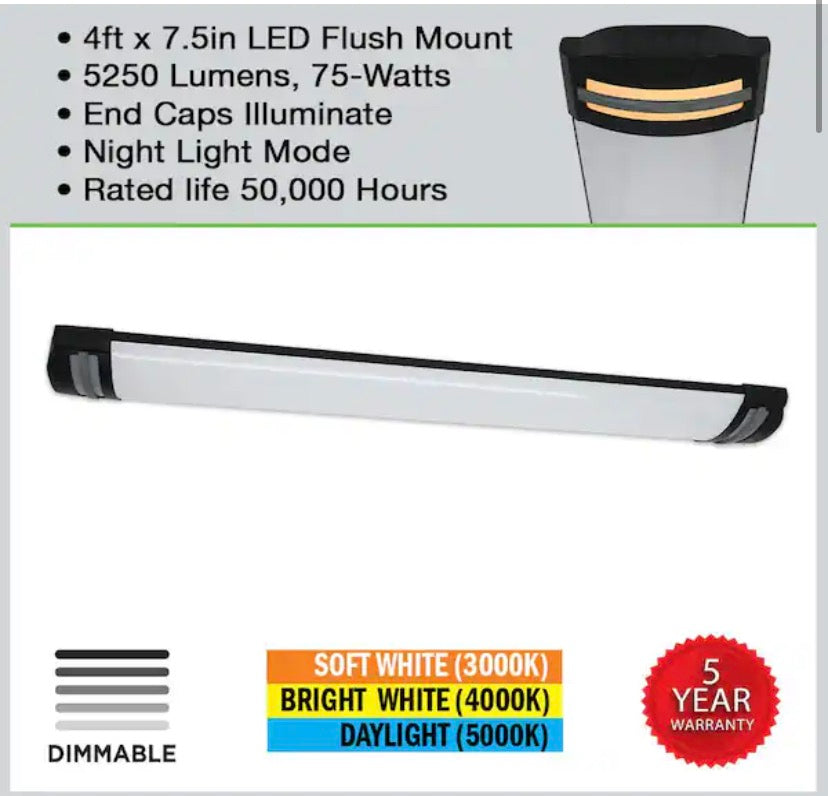 1-Pack 4 ft. Matte Black Woodgrain Gray End Caps 5250LM 75W Integrated LED Wraparound Light Adjustable CCT Night Light