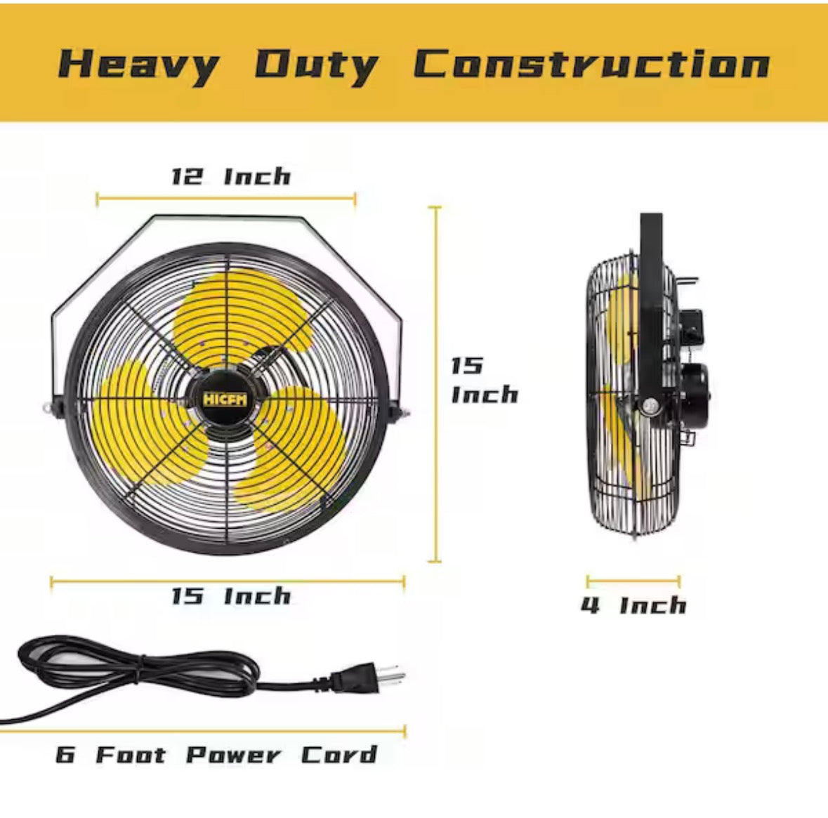 HICFM 12 in. 2500 CFM Yellow Wall Mounted Fan, 3-Speed High Velocity, IP44 Motor for Garage, Barn, Warehouse Use