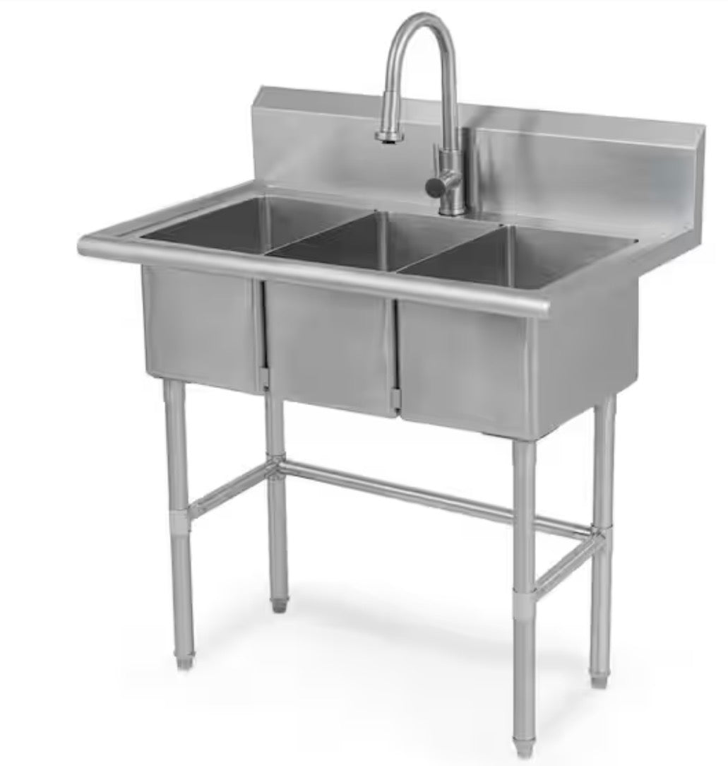 38 in. W x 24 in. D Freestanding Stainless Steel 3-Compartment Commercial Laundry/Utility Sink with Faucet and Drain