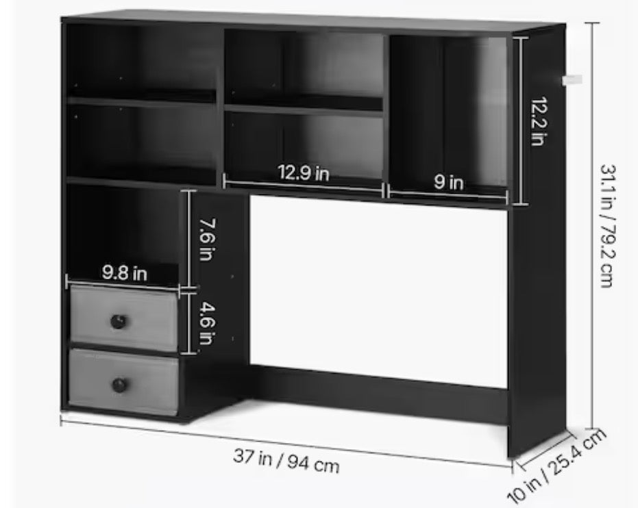 Desktop Bookshelf, 3-Tier Storage Organizer 37 in. x 10 in. x 31.1 in. Wood Shelf with 2 Drawers Black