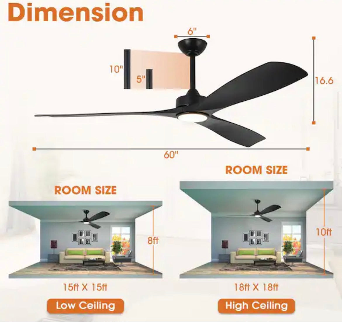 60 in. Black Downrod Mount Standard Ceiling Fan with Dimmable Integrated LED Light and Remote Control