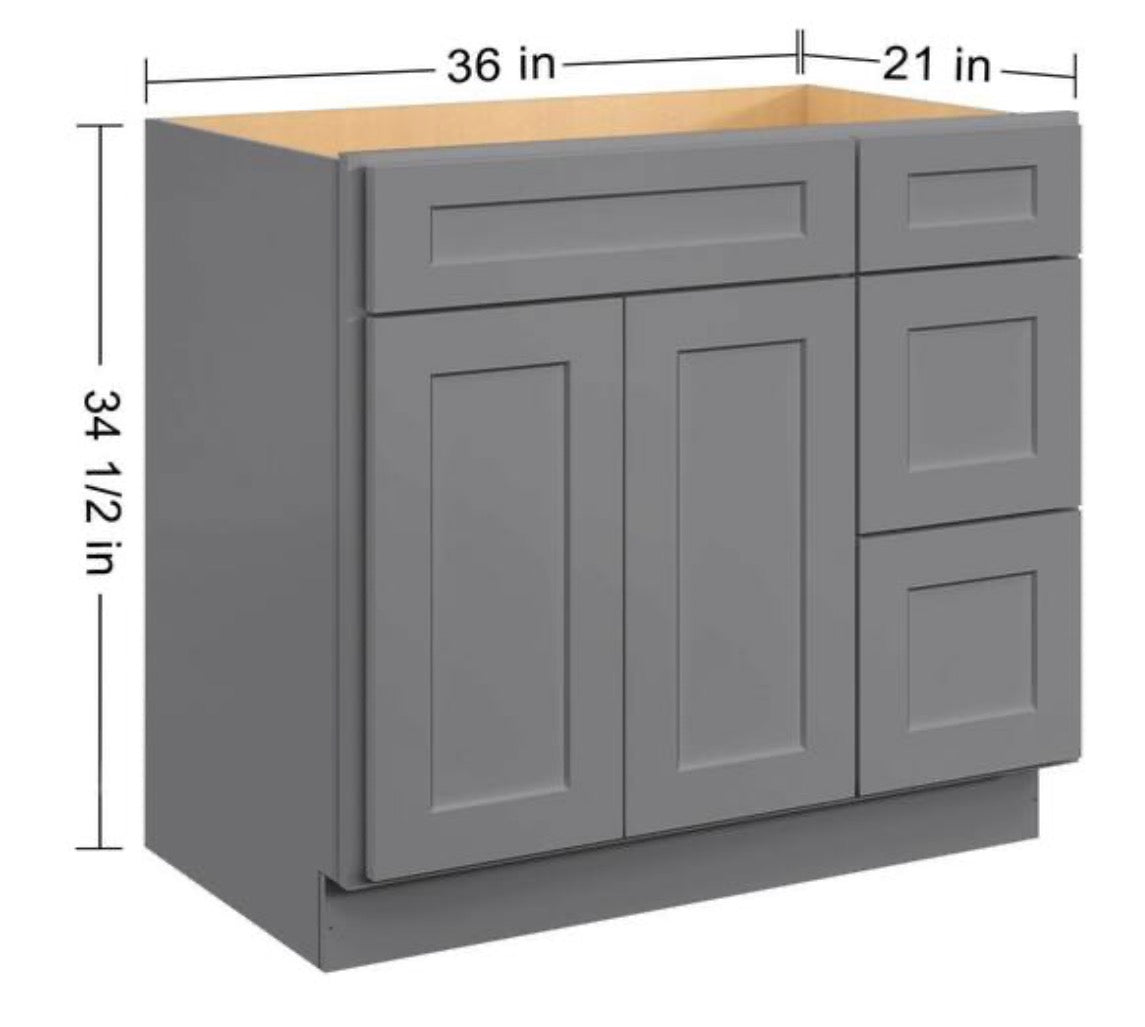 36 in. W x 21 in. D x 34.5 in. H in Shaker Grey Plywood Ready to Assemble Floor Vanity Sink Base Kitchen Cabinet