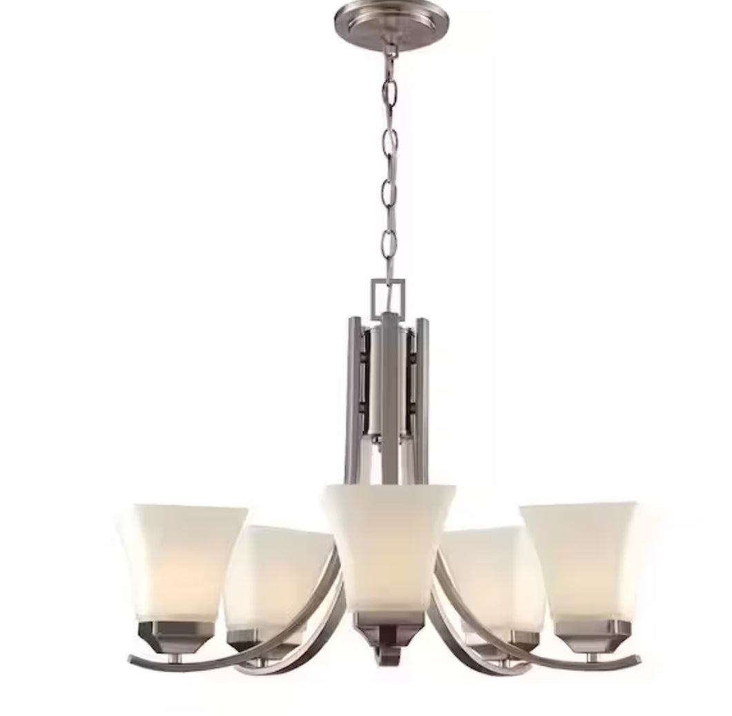 Cameo 5-Light Brushed Nickel Chandelier Light Fixture with White Glass Shades