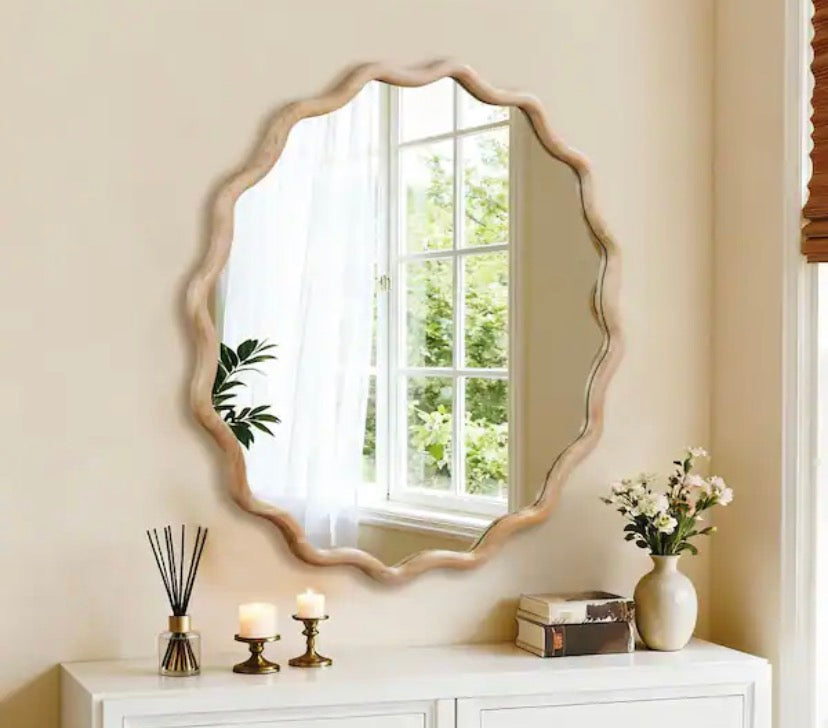 36 in. W x 36 in. H Wavy Round Solid Wood Framed Bathroom Mirror Wall Mirror in Natural Wood Brown
