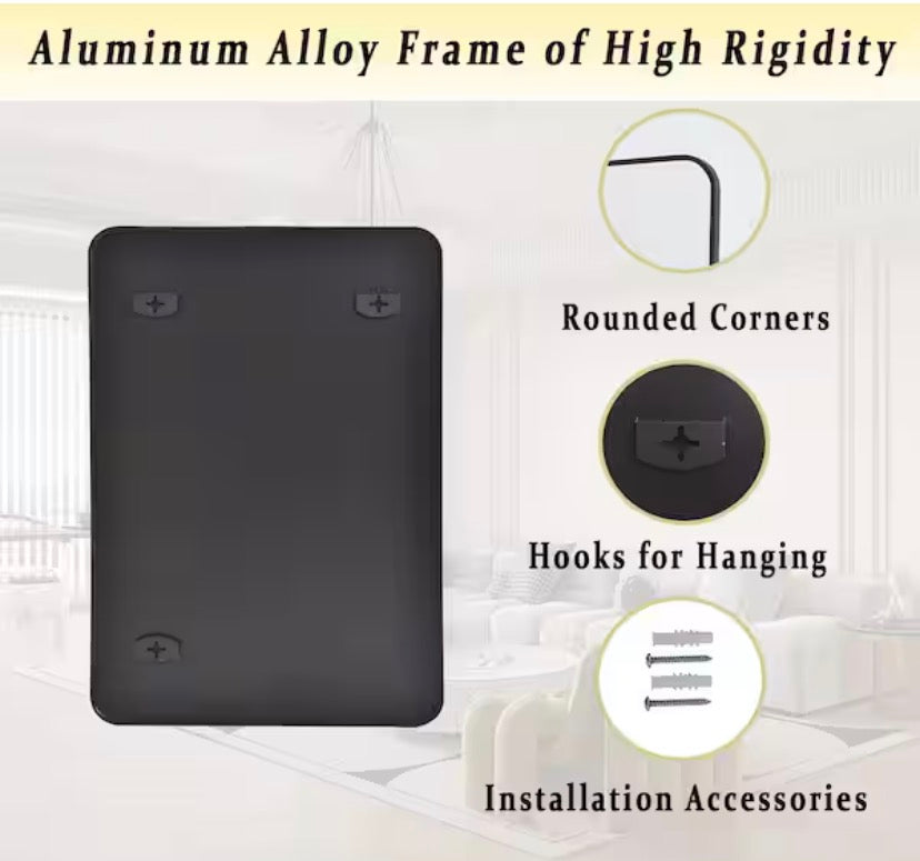 26 in. W x 37.8 in. H Rectangular Modern Aluminum Alloy Framed Rounded Black Wall Mirror