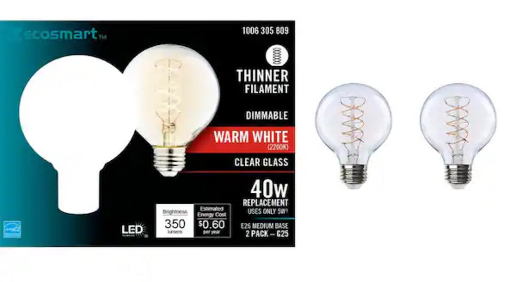 40-Watt Equivalent G25 Dimmable Fine Bendy Filament LED Vintage Edison Light Bulb Warm White (2-Pack)