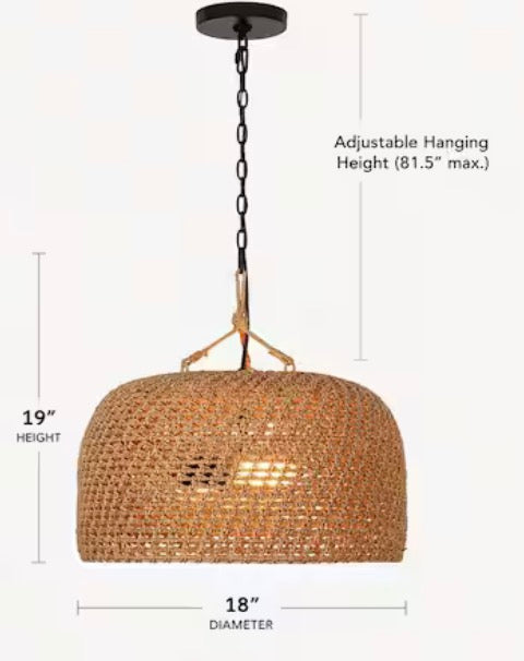 Summerpoint 120-Watt 2-Light Black Shaded Pendant Light with Natural Woven Shade, No bulbs Included