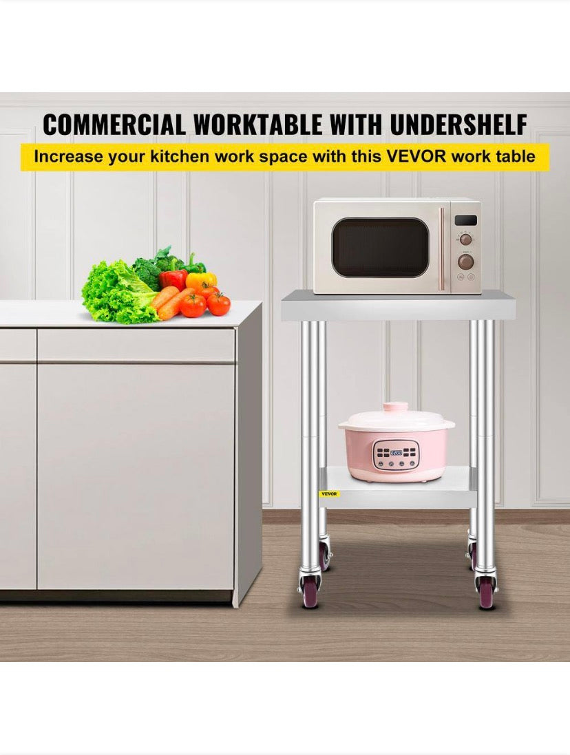 Kitchen Prep Table 24 x 18.1 x 33.9 in. Stainless Steel Rolling Table with Wheels and Brake Kitchen Utility Table,Silver